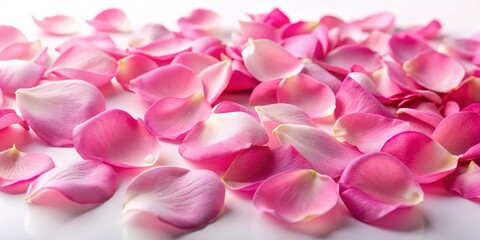 Fototapeta premium Delicate Rose Petals Scattered on White Background, Soft Pink, Floral Texture, Nature, Beauty, Romance