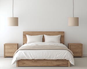 Serene Minimalist Bedroom Interior with Central Bed Focus, Symmetrical Design, and Neutral Palette for Relaxing Home Decor Inspiration