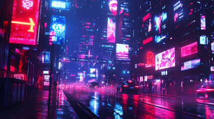 Fototapeta premium Roman road in a cyberpunk city with neon lights and holographic ads. Neon District. Illustration