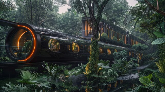 modern futuristic black steel train with round windows and orange lights in a lush green forest,
