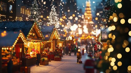 Obraz premium A vibrant Christmas market filled with stalls, twinkling lights, and cheerful shoppers.