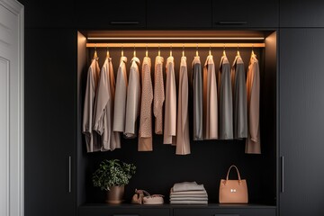 Sophisticated Black Minimalist Closet with Stylish Wardrobe Organization and Tranquil Lighting for Home Decor and Interior Design Inspiration