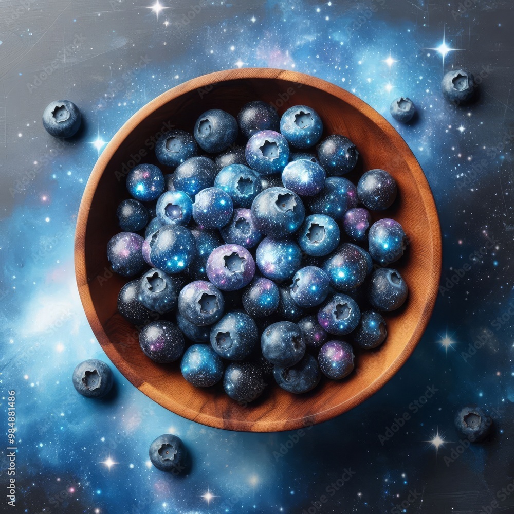 Poster a mesmerizing overhead view of a wooden bowl filled with blueberries, each berry adorned with intric