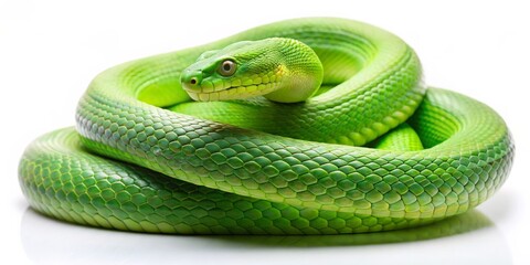 Fototapeta premium Green Tree Python Coiled, White Background, Close-Up, Reptilian Scales, Snake Skin, Reptile, Nature