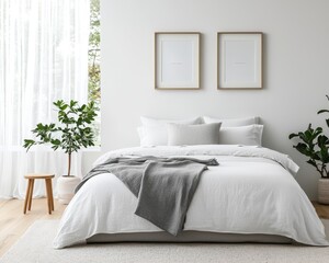 Serene Minimalist Bedroom Interior with White Linens and Natural Accents, Modern Home Decor Inspiration, Tranquil Scandinavian Design Concept