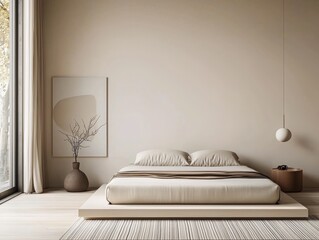 Serenity in Simplicity Minimalist Bedroom Interior with Platform Bed, Soft Textures and Natural Light. Contemporary Home Decor Concept with Beige and White Palette. Interior Design Inspiration