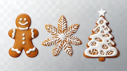 set of gingerbread cookies with the shape of a man, a snowflake and a Christmas tree with white icing on transparent. Christmas gingerbread
