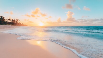 Obraz premium A serene beach background with gentle waves and a vibrant sunset in the distance