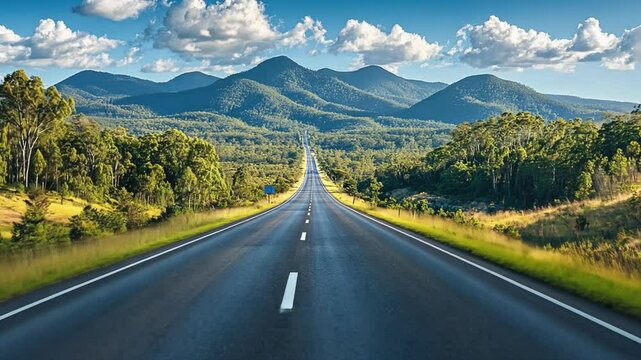 Long empty road leading to mountains through australian landscape