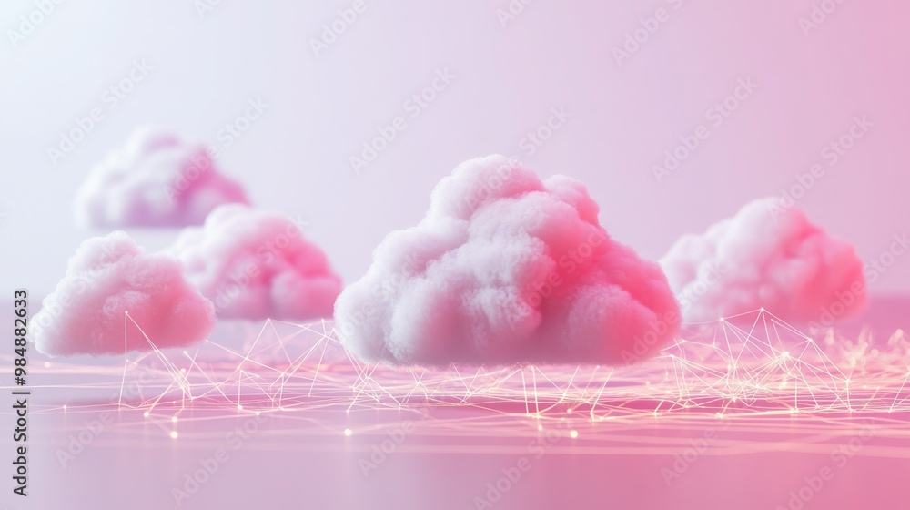 Poster a 3d model of soft, pastel-colored clouds floating over a network of gently glowing lines, represent