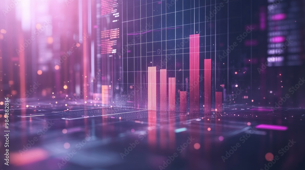 Poster a transparent 3d bar chart floating in a digital space, with bars of different heights representing 