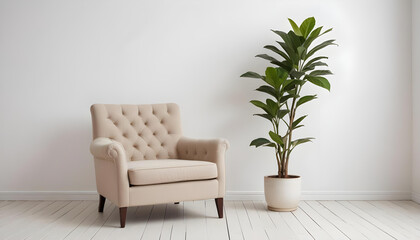 Simple, minimalist interior featuring a beige armchair, white walls, and potted indoor plants on a bright wooden floor
