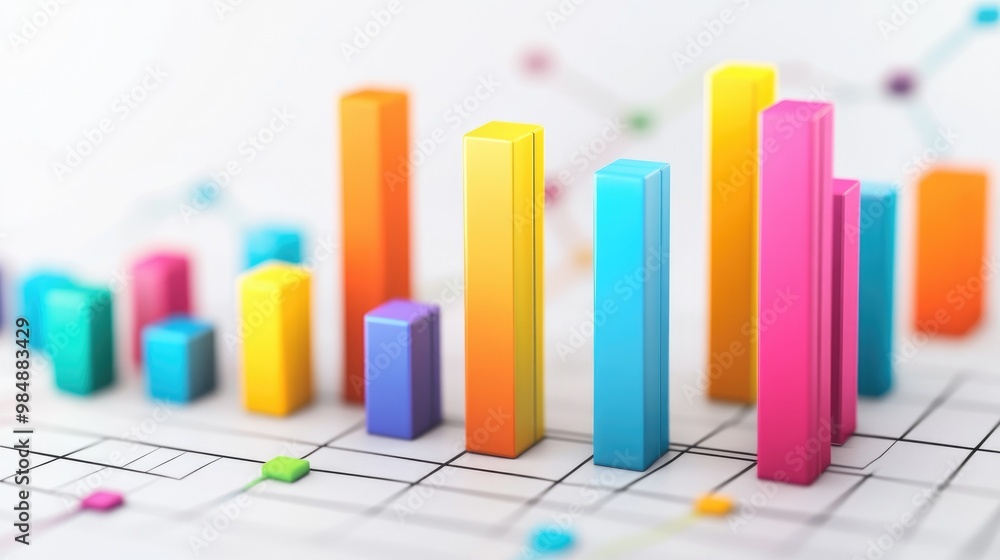 Poster a vibrant 3d bar chart with colorful bars rising from a grid, representing financial growth, set aga