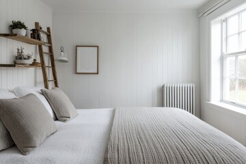 Fototapeta premium Tranquil Minimalist Bedroom with White Linen Bed and Textured Throw, Contemporary Interior Design Concept, Serene Home Decor Inspiration