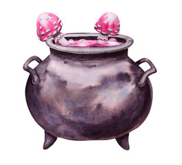 Black cast iron cauldron with pink potion and poisonous mushrooms, fly agaric. Esoteric attribute of a witch, sorcerer. Clipart for Halloween, Sabbath, theme party. Watercolor hand-drawn illustration