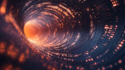 Obraz premium 3D Rendering of abstract wire cable tunnel with digital binary data transmitting. Depth of field effect. Inside AI concept. Technology, machine learning, big data, virtualization. Product background