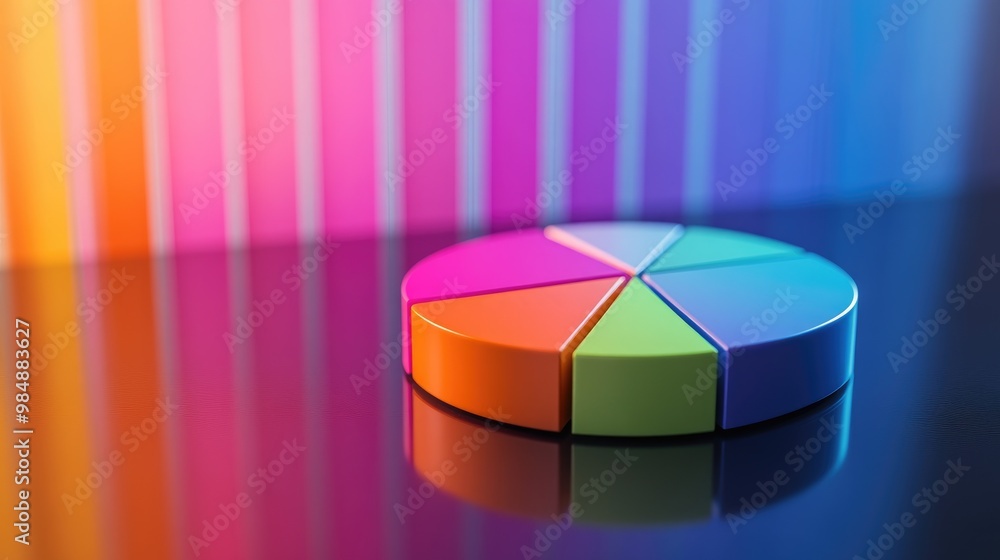 Poster a vibrant 3d pie chart with colorful segments floating above a reflective surface, representing fina