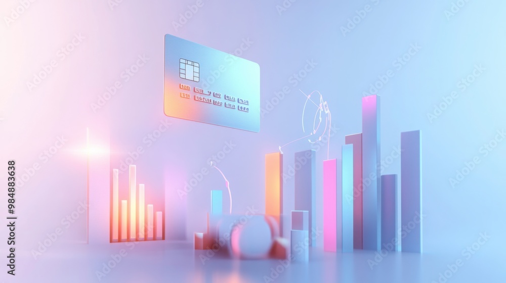 Poster a 3d render of a floating credit card and soft pastel-colored financial graphs