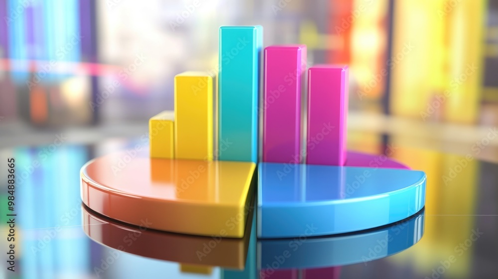 Poster a vibrant 3d pie chart with colorful segments floating above a reflective surface, representing fina