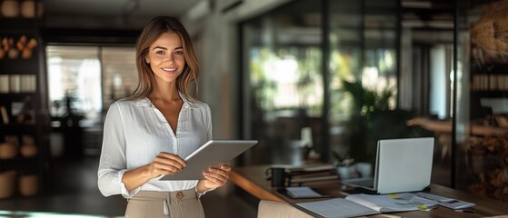 Latin mature adult professional business woman looking at online trade app. European businesswoman CEO holding digital tablet using tab application standing at workplace in office. Banner, copy space