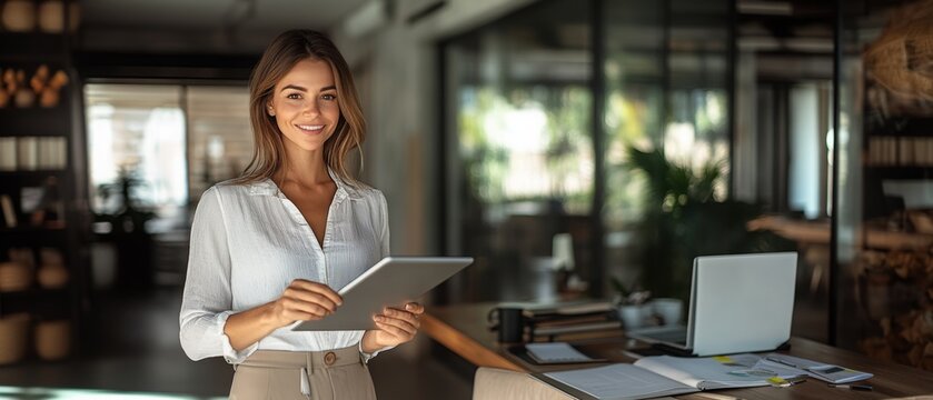 Latin mature adult professional business woman looking at online trade app. European businesswoman CEO holding digital tablet using tab application standing at workplace in office. Banner, copy space