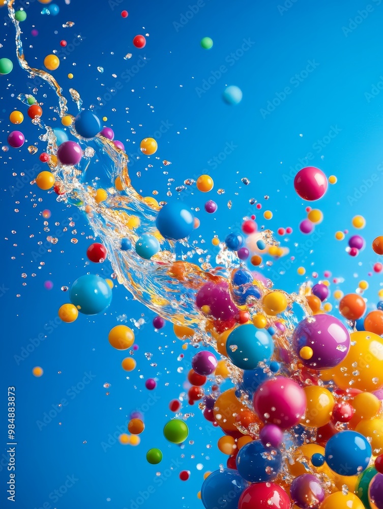 Poster colorful spheres explode in a burst of water, creating a vibrant abstract background. symbolizing en