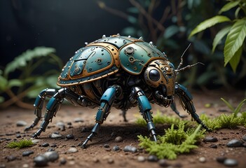 Fototapeta premium A robot bug is standing on a rocky ground
