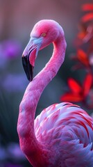 A close-up captures the vibrant pink feathers of a flamingo.