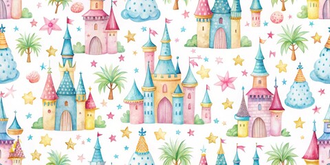 Watercolor Seamless Pattern with Cute Pastel Castles, Stars, Clouds and Palm Trees, seamless pattern, watercolor illustration, kids design