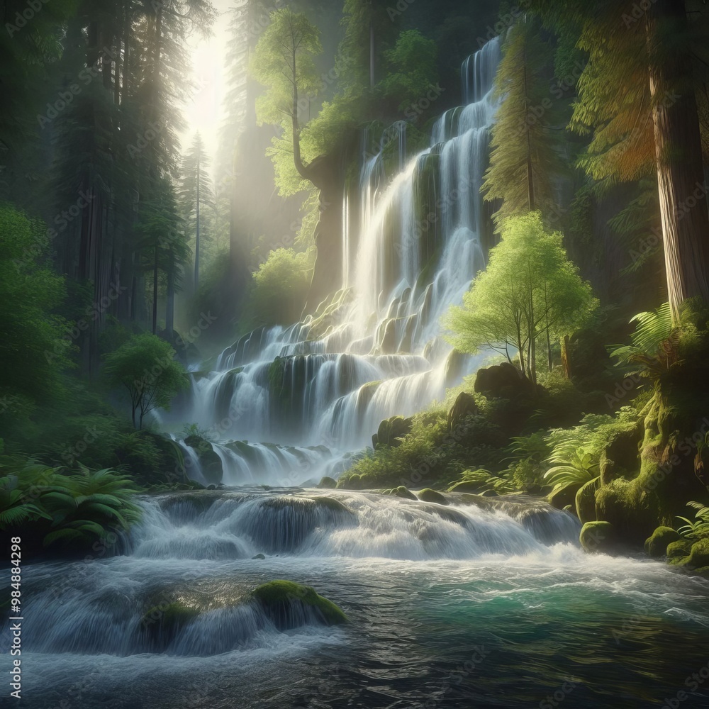 Poster a breathtaking image of a lush forest with a cascading waterfall flowing into a serene pool. the vib