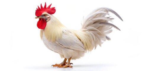 Fototapeta premium White Rooster with Red Comb, isolated on white, studio shot, single rooster, white background, poultry, animal