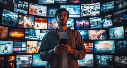 Portrait of Caucasian Man Using Smartphone in Metaverse With Animated Stream Of Interfaces With Social Media, e-Commerce Shopping, Internet Influencers And Games. Visualization Of Web Network.