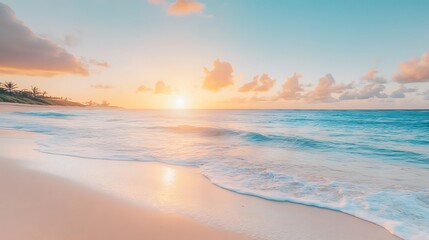 Obraz premium A serene beach background with gentle waves and a vibrant sunset in the distance