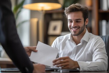 Good job Asian manager business man giving financial reward in an envelope, business letter extra salary to company employee, male worker office hand received premium bonus, getting cheque from boss.