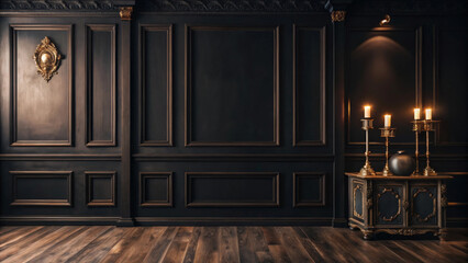 Elegant black wall background with ornate details and candle holders, creating sophisticated atmosphere. rich textures and warm lighting enhance luxurious feel of space