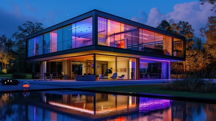 Modern villa with colored led lights at night