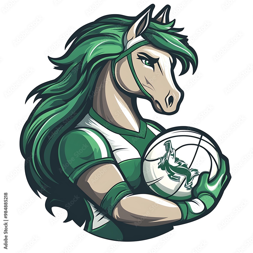 Wall mural Green horse mascot holding a basketball with a green and white uniform