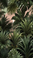 Tropical wallpaper design with geometric patterns and palm leaves.