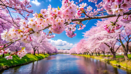 A serene view of cherry blossoms in full bloom along tranquil river, showcasing vibrant pink flowers against clear blue sky. scene evokes sense of peace and natural beauty
