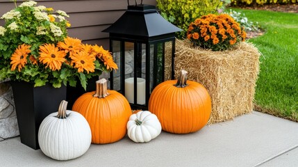 A festive display of pumpkins and hay bales adorned with glowing lanterns welcomes visitors to a historic building celebrating Halloween and autumn harvest festivities