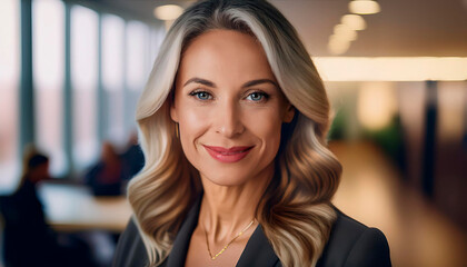 Mujer de negocios mayor, rubia ,de ojos azules, sonriente, con melena ondulada, guapa y maquillada, mirando al frente y al fondo una oficina. 2024