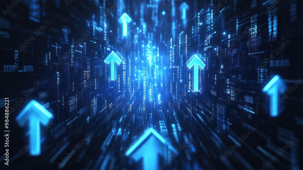 Poster abstract background with blue glowing arrows pointing upwards, representing growth and progress in t