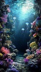 Fototapeta premium Sunbeams illuminate underwater coral reef with colorful fish and jellyfish. Deep sea ocean scene.