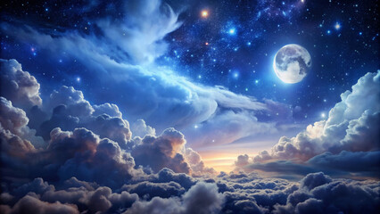 A stunning cloudy night sky filled with vibrant stars and bright moon illuminating scene. ethereal beauty evokes sense of wonder and tranquility