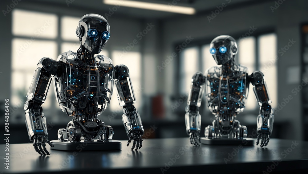 Aufkleber two transparent robots with lab background
