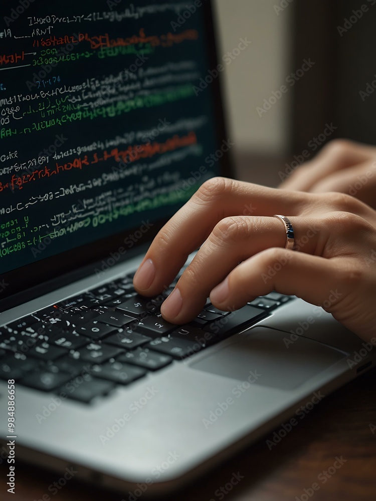 Poster typing on a laptop with a password screen and network connections.
