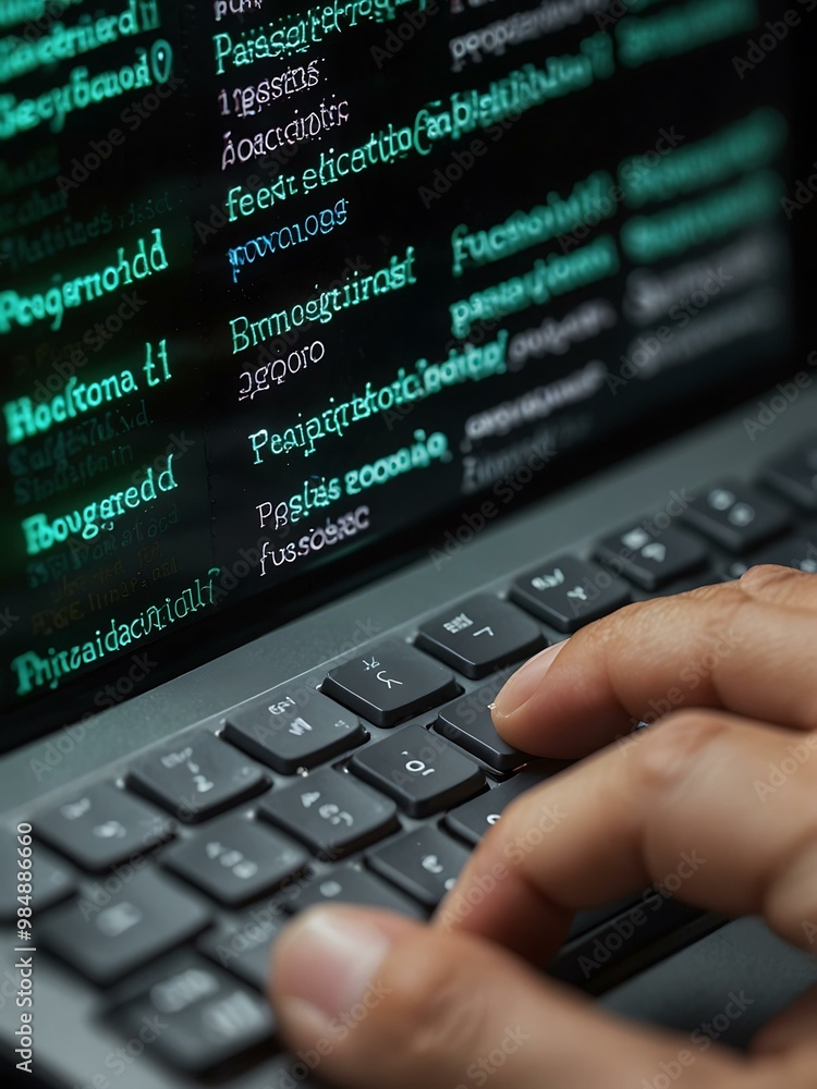 Poster Typing on a laptop with a password login screen, emphasizing cyber security.