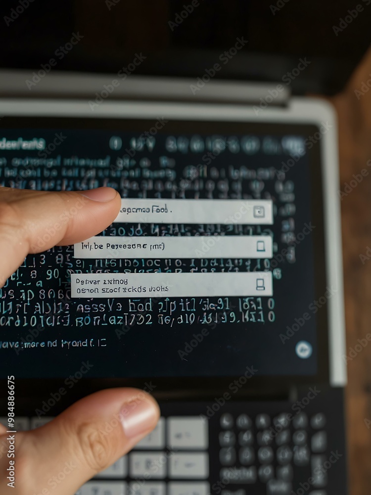 Poster typing on a laptop with a password screen and network connections.