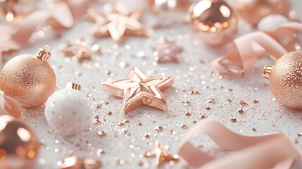 White background, golden and pink glittery ornaments with ribbons and stars scattered around, shiny white ceramic surfac