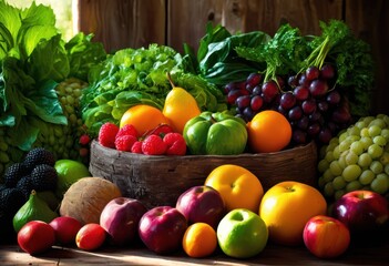 vibrant fresh natural produce displayed rustic wooden backdrop showcasing colorful fruits vegetables, artisan, baskets, cuisine, culinary, decor, edible, market
